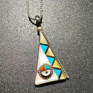 Vintage Zuni Sun Face Zig Zag Triangle Inlay Pendant Native American Necklace